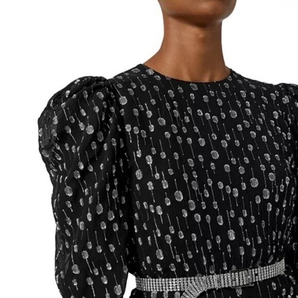 The Kooples Size Small Black Silver Metallic Polka Dot Mini Dress Puff Sleeve - Picture 4 of 10